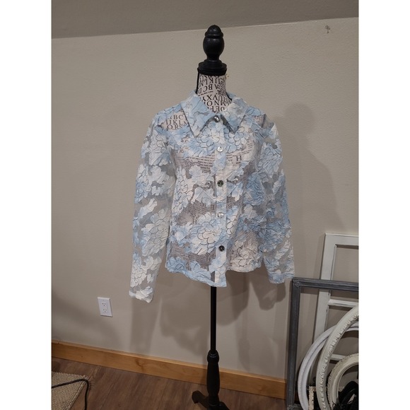 Cynthia Max Jackets & Blazers - Vtg. Cynthia Max Women SZ Med. Semi sheer Floral Jacket lt. Blue floral boho USA